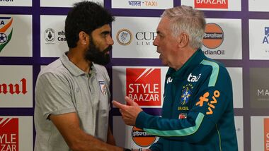 India head coach Khalid Jamil and his Brazil counterpart Carlo Ancelotti chat ahead of the two teams' faceoff in a friendly in Kolkata on Saturday.