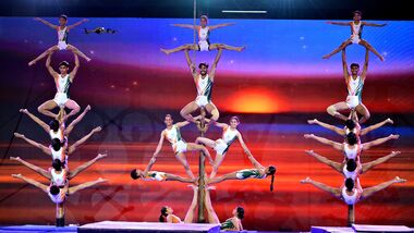 Indian Athletes perform Yoga Sana and Mallakhamb during a demonstration of indigenous sports by various BRICS participating nations after the inauguration of BRICS Traditional and Indigenous Demonstration Games 2026 at Veer Savarkar Sports Complex, in Ahmedabad.