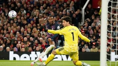 Manchester United goalkeeper Senne Lammens in action during the Premier League match against Tottenham at Old Trafford on Saturday.