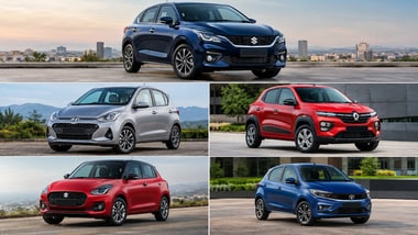 Maruti Suzuki Baleno, Renault Kwid, Tata Tiago, Maruti Suzuki Swift and Hyundai Grand i10. (Clockwise from top)