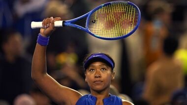 Naomi Osaka, of Japan, celebrates after defeating Maria Timofeeva, of Uzbekistan in a women's singles second round match during the China Open tennis tournament held in Beijing, Friday, Oct. 2, 2026. (AP Photo/Ng Han Guan)