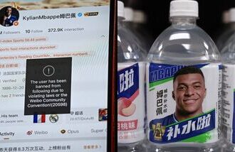 Kylian Mbappe banned from Chinese social media Weibo (L); Bottled drinks by Eastroc Beverage with images of Mbappe (R)