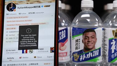 Kylian Mbappe banned from Chinese social media Weibo (L); Bottled drinks by Eastroc Beverage with images of Mbappe (R)