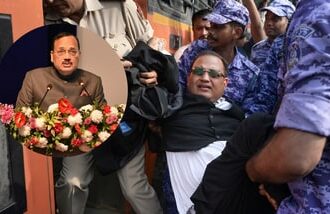 A lawyer being detained in Delhi. (Inset: CJI Surya Kant).