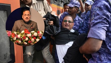 A lawyer being detained in Delhi. (Inset: CJI Surya Kant).