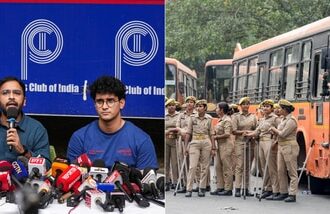 Cockroach Janta Party (CJP) co-conveners Saurav Das and Ashutosh Ranka during a press conference following their release from preventive detention in New Delhi on Sunday.