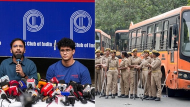 Cockroach Janta Party (CJP) co-conveners Saurav Das and Ashutosh Ranka during a press conference following their release from preventive detention in New Delhi on Sunday.
