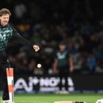 New Zealand's Lockie Ferguson (L) reacts as India's Nitish Kumar Reddy successfully makes a run during the second T20I in Christchurch on Saturday.