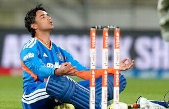 India's Abhishek Sharma celebrates after reaching his century (100 runs) during the 3rd T20i cricket match between New Zealand and India at the Hnry Stadium in Wellington on October 27, 2026.