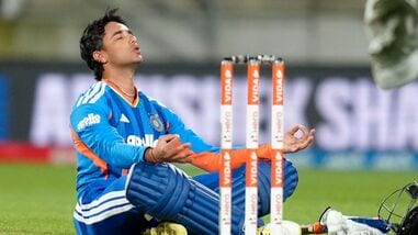 India's Abhishek Sharma celebrates after reaching his century (100 runs) during the 3rd T20i cricket match between New Zealand and India at the Hnry Stadium in Wellington on October 27, 2026.