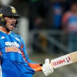 India's Abhishek Sharma celebrates 100 runs during the 3rd T20 cricket match