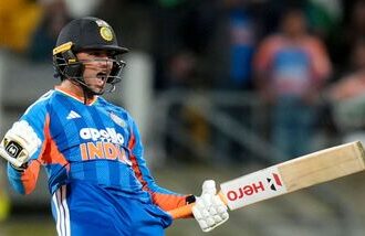 India's Abhishek Sharma celebrates 100 runs during the 3rd T20 cricket match