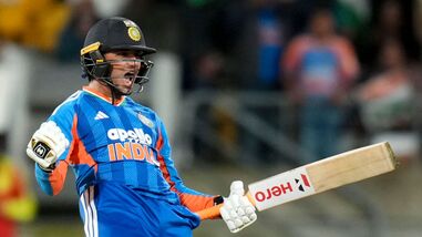 India's Abhishek Sharma celebrates 100 runs during the 3rd T20 cricket match