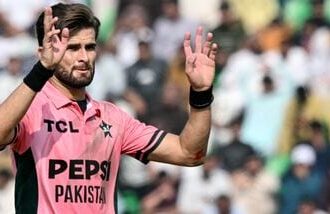 Pakistan's captain Shaheen Shah Afridi gestures during the one-day international (ODI) tri-series cricket match between Pakistan and England at the Gaddafi Stadium in Lahore on October 25, 2026. (Photo by ARIF ALI / AFP)
