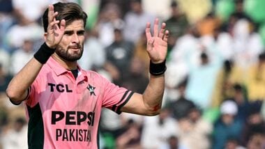 Pakistan's captain Shaheen Shah Afridi gestures during the one-day international (ODI) tri-series cricket match between Pakistan and England at the Gaddafi Stadium in Lahore on October 25, 2026. (Photo by ARIF ALI / AFP)