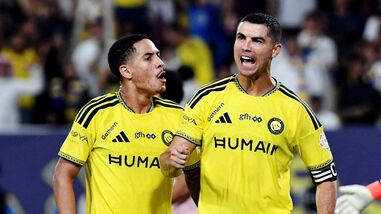 Al Nassr's Cristiano Ronaldo celebrates scoring their third goal against Al Kholood in Saudi Pro League.