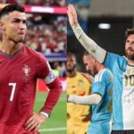 Cristiano Ronaldo (R) has been a long-time rival on the pitch to Lionel Messi.