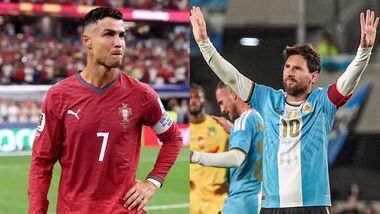 Cristiano Ronaldo (R) has been a long-time rival on the pitch to Lionel Messi.
