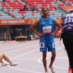 Deepthi Jeevanji (in blue) after winning a gold medal at Asian Para Games 2026.