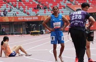 Deepthi Jeevanji (in blue) after winning a gold medal at Asian Para Games 2026.
