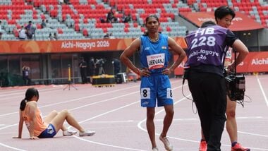 Deepthi Jeevanji (in blue) after winning a gold medal at Asian Para Games 2026.