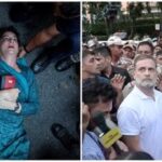 Priyanka Gandhi (L); Rahul Gandhi at the protest site.