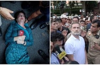 Priyanka Gandhi (L); Rahul Gandhi at the protest site.
