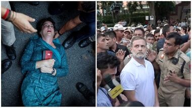Priyanka Gandhi (L); Rahul Gandhi at the protest site.