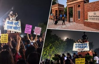 Visuals of a protest at Delhi University’s North Campus over women’s safety concerns. (Collage made using AI for representational purposes only)