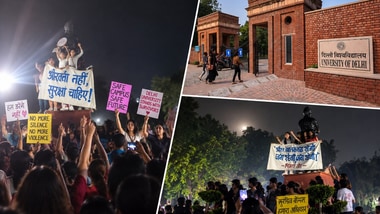 Visuals of a protest at Delhi University’s North Campus over women’s safety concerns. (Collage made using AI for representational purposes only)