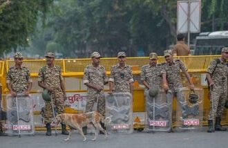 Heavy security is deployed in the Connaught Place area near Jantar Mantar during a protest against Chief Election Commissioner Gyanesh Kumar