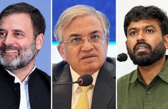Delhi Protest: Leader of Opposition in the Lok Sabha Rahul Gandhi(Left), Chief Election Commissioner Gyanesh Kumar(Centre), Cockroach Janta Party (CJP) founder Abhijeet Dipke(Right).
