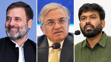 Delhi Protest: Leader of Opposition in the Lok Sabha Rahul Gandhi(Left), Chief Election Commissioner Gyanesh Kumar(Centre), Cockroach Janta Party (CJP) founder Abhijeet Dipke(Right).