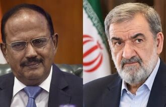 National Security Adviser Ajit Doval (L) with Iran's Secretary of the National Security Council Mohsen Rezaei