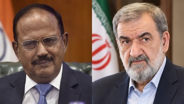 National Security Adviser Ajit Doval (L) with Iran's Secretary of the National Security Council Mohsen Rezaei