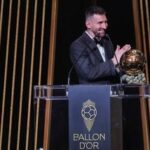Legendary Argentina player Lionel Messi gestures on stage as he receives his 8th Ballon d'Or award during the 2023 Ballon d'Or France Football award ceremony in Paris.