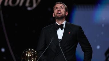England and Bayern Munich forward Harry Kane reacts after receiving the Ballon d'Or award during a ceremony in London on Monday.