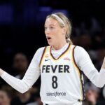 Indiana Fever guard Sophie Cunningham (8) reacts