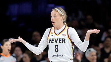 Indiana Fever guard Sophie Cunningham (8) reacts