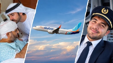 'Hero' Captain Smit Machchhar being greeted by Dubai Crown Prince Sheikh Hamdan bin Mohammed bin Rashid Al Maktoum (Left); Omani co-pilot Hamam Al-Hammami (Right); (Collage made using AI)