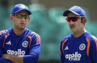India head coach Gautam Gambhir (Right) paid tribute to outgoing BCCI chief selector Ajit Agarkar (Left).