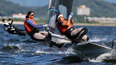 India's Harshita Tomar and Shital Verma in action during the Women's Skiff Opening Series