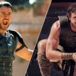 Russell Crowe in Gladiator (2000) and Paul Mescal in Gladiator II.