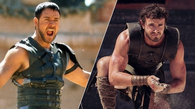 Russell Crowe in Gladiator (2000) and Paul Mescal in Gladiator II.