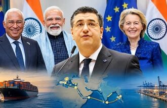 L to R: Ursula von der Leyen, President of the European Commission;Apostolos Tzitzikostas, European Commissioner for Sustainable Transport and Tourism; Prime Minister Narendra Modi; António Costa, President of the European Council.(Images compiled using AI)