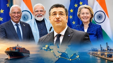 L to R: Ursula von der Leyen, President of the European Commission;Apostolos Tzitzikostas, European Commissioner for Sustainable Transport and Tourism; Prime Minister Narendra Modi; António Costa, President of the European Council.(Images compiled using AI)