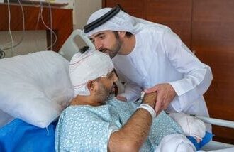UAE Deputy Prime Minister Hamdan bin Mohammed visited injured flydubai pilot Smit Machchhar in hospital. (Image: @HamdanMohammed/X)