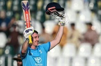 England's captain Harry Brook celebrates after scoring a double century against Sri Lanka in Rawalpindi.