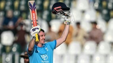 England's captain Harry Brook celebrates after scoring a double century against Sri Lanka in Rawalpindi.