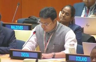 BJP MP Biplab Kumar Deb addressing the United Nations General Assembly.